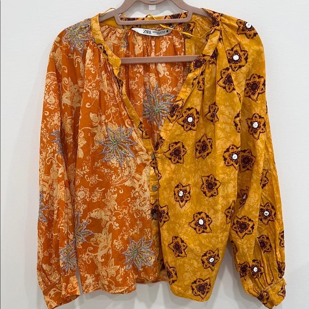 Zara Orange Floral Women's Blouse 100% cotton